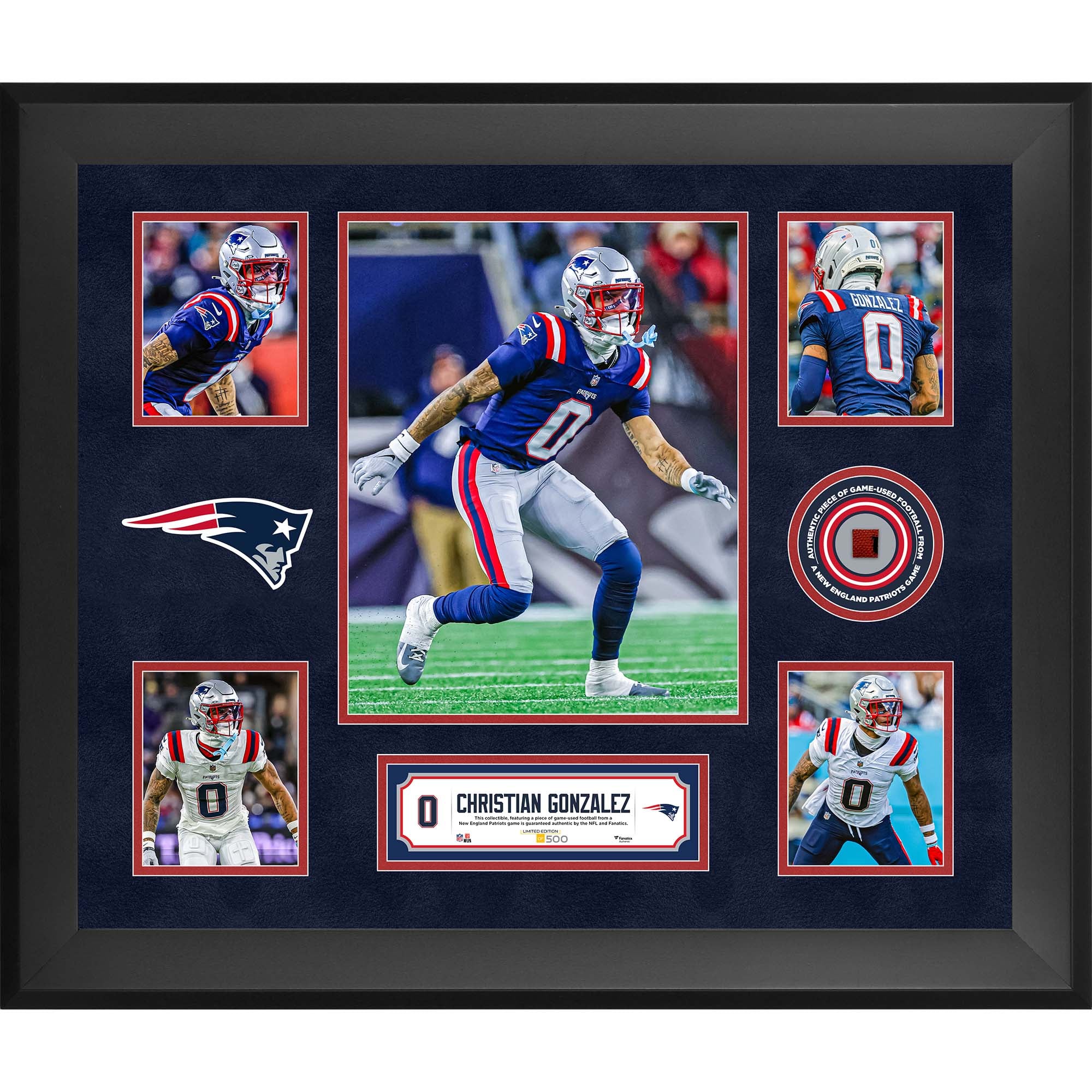 Christian Gonzalez New England Patriots Framed 20" x 24" 5-Photo Collage with a Piece of Game-Used Football - Limited Edition of 500