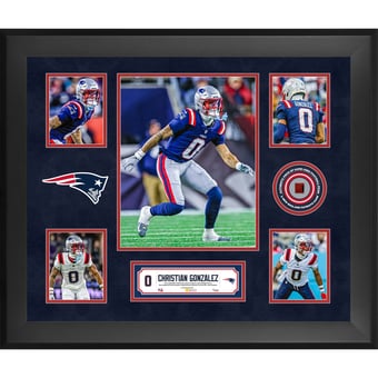 Christian Gonzalez New England Patriots Framed 20" x 24" 5-Photo Collage with a Piece of Game-Used Football - Limited Edition of 500