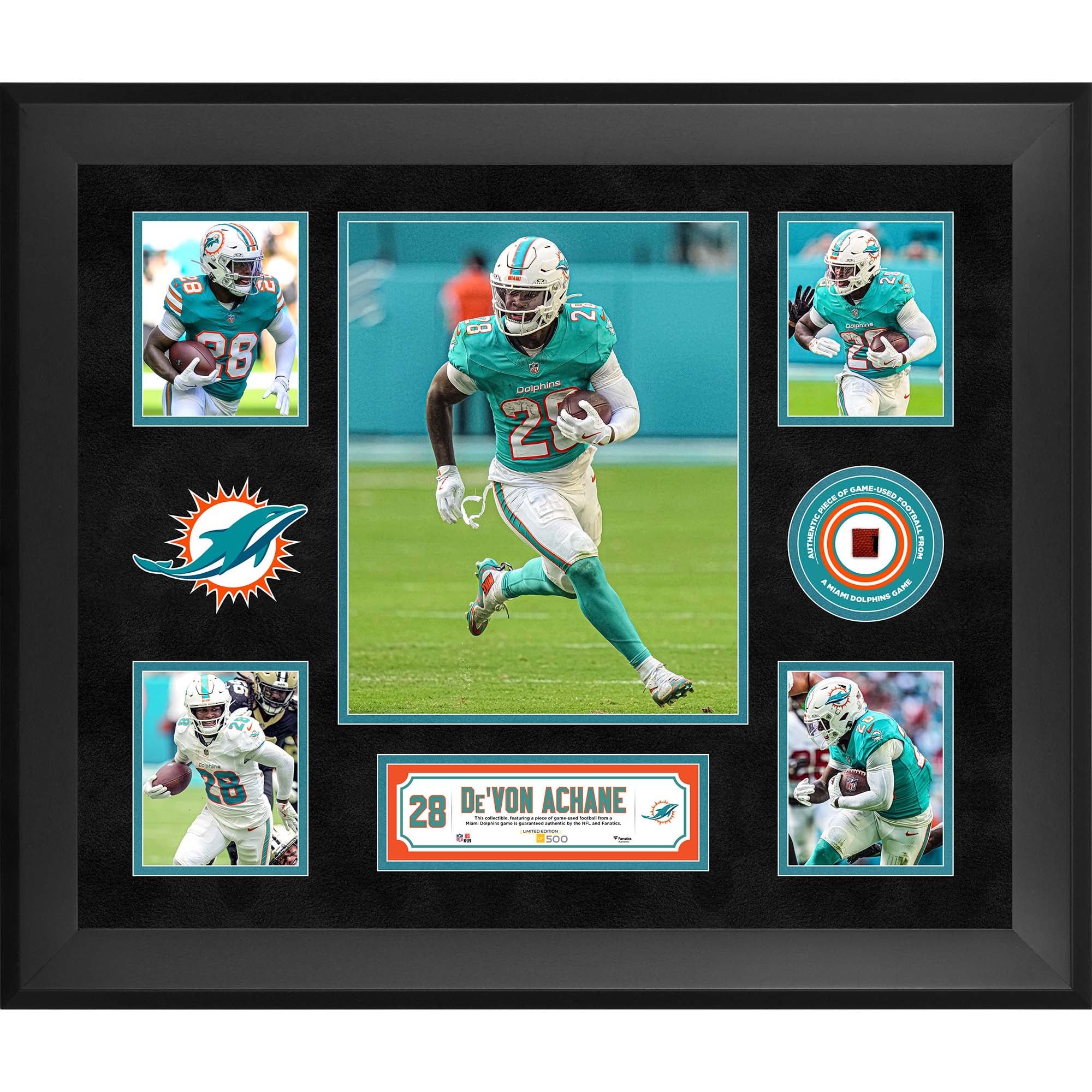 De’Von Achane Miami Dolphins Framed 20" x 24" 5-Photo Collage with a Piece of Game-Used Football - Limited Edition of 500