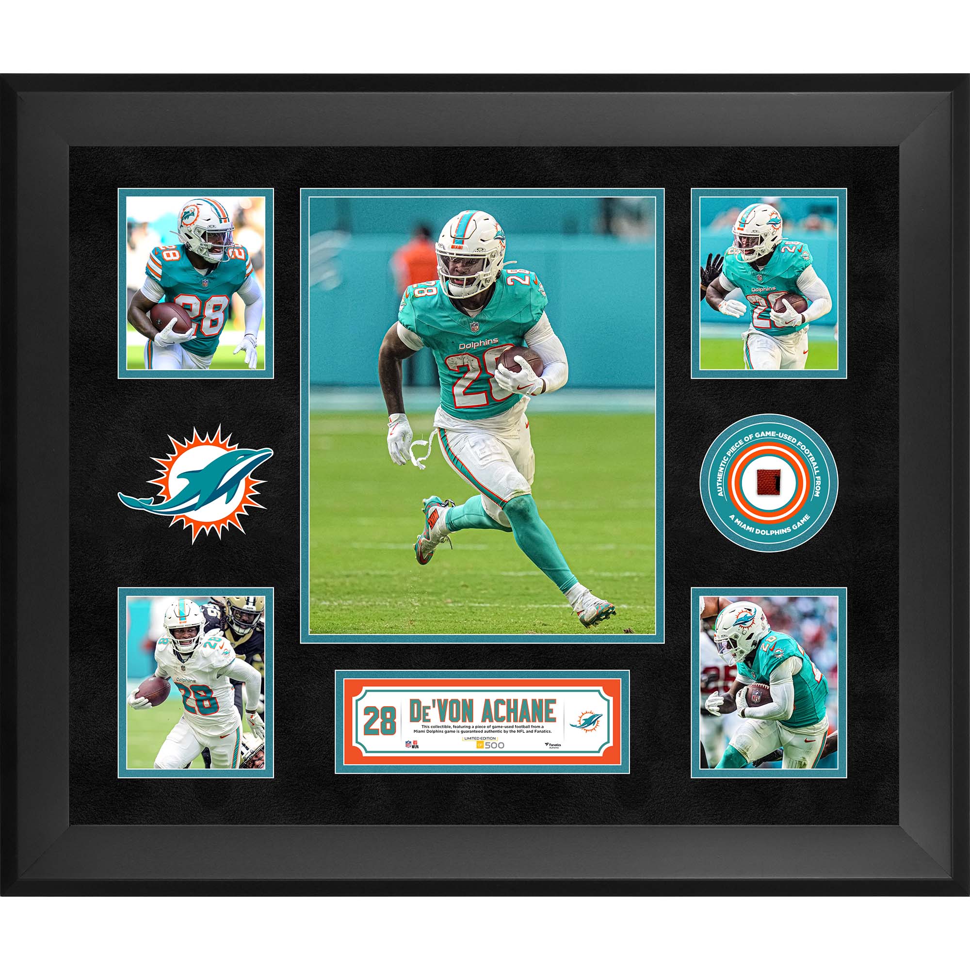 De’Von Achane Miami Dolphins Framed 20" x 24" 5-Photo Collage with a Piece of Game-Used Football - Limited Edition of 500