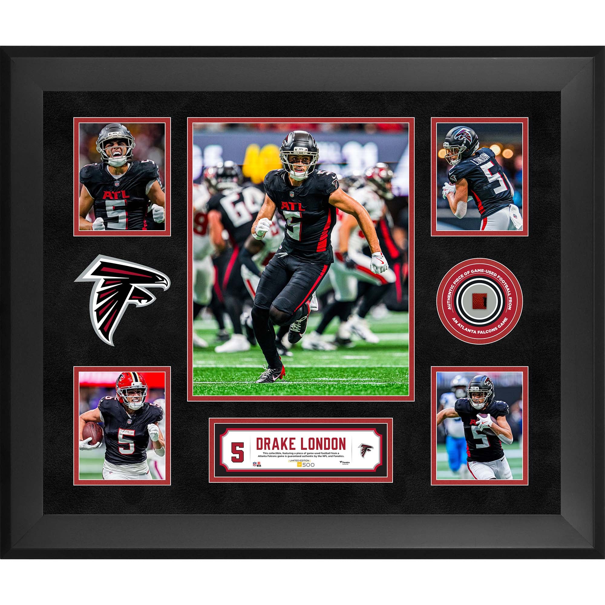 Drake London Atlanta Falcons Framed 20" x 24" 5-Photo Collage with a Piece of Game-Used Football - Limited Edition of 500