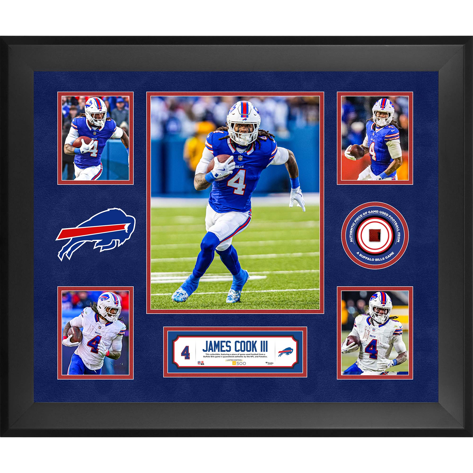 James Cook III Buffalo Bills Framed 20" x 24" 5-Photo Collage with a Piece of Game-Used Football - Limited Edition of 500