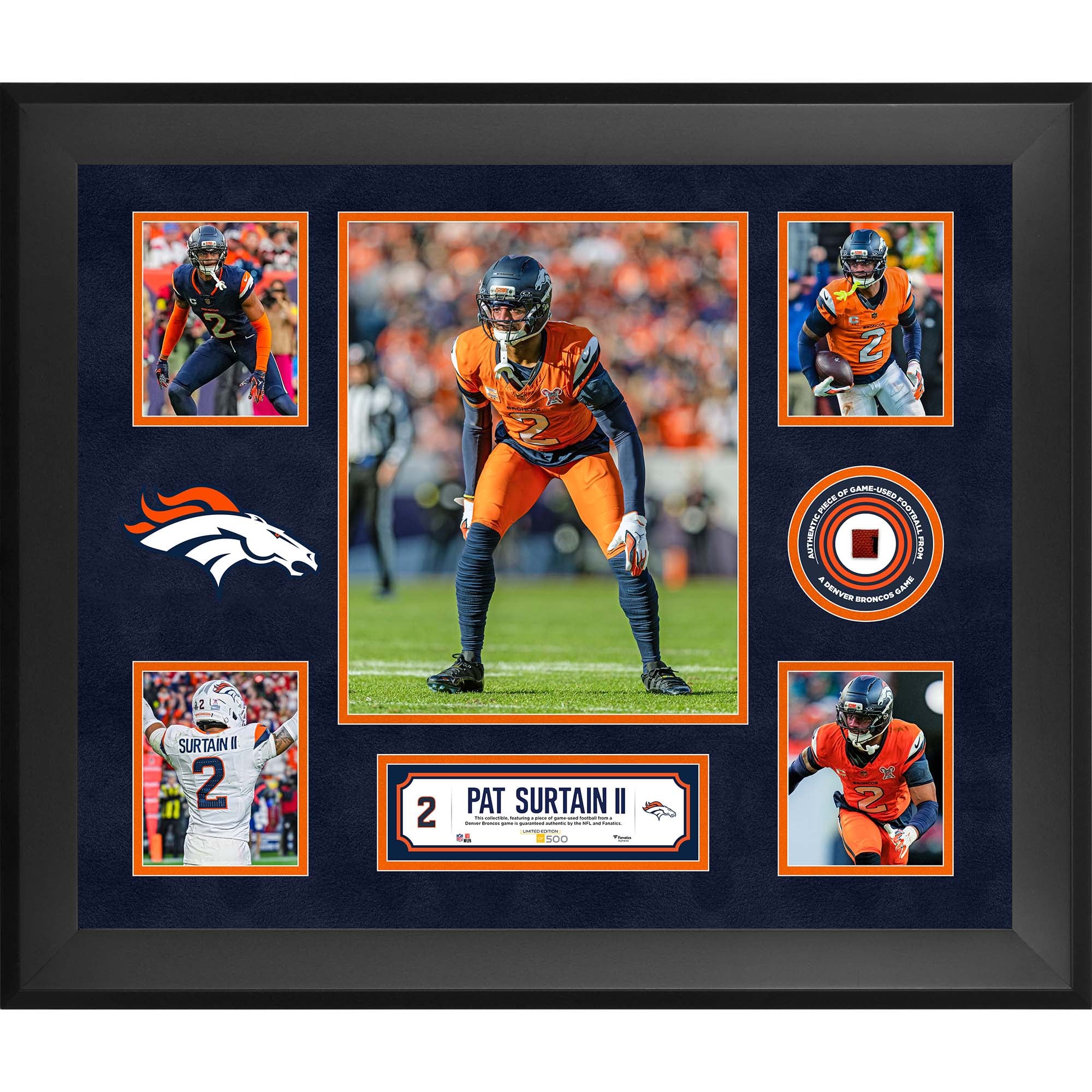 Patrick Surtain II Denver Broncos Framed 20" x 24" 5-Photo Collage with a Piece of Game-Used Football - Limited Edition of 500