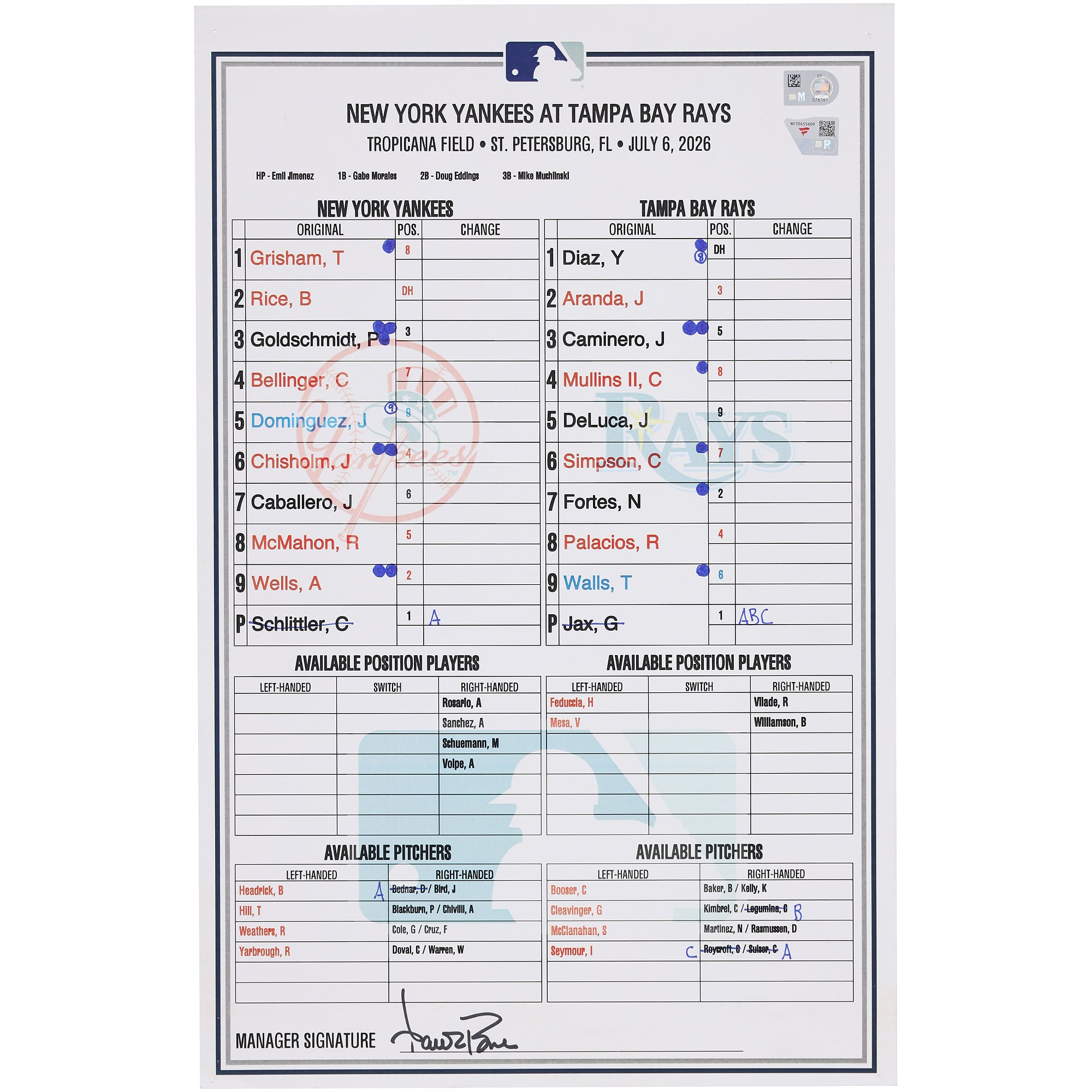 New York Yankees Game-Used Lineup Card vs. Tampa Bay Rays on July 6, 2026