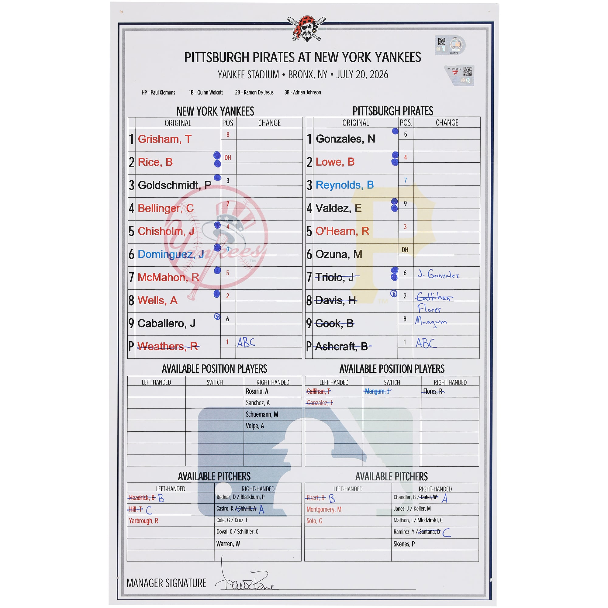 New York Yankees Game-Used Lineup Card vs. Pittsburgh Pirates on July 20, 2026