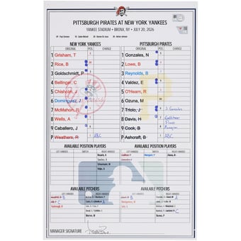 New York Yankees Game-Used Lineup Card vs. Pittsburgh Pirates on July 20, 2026