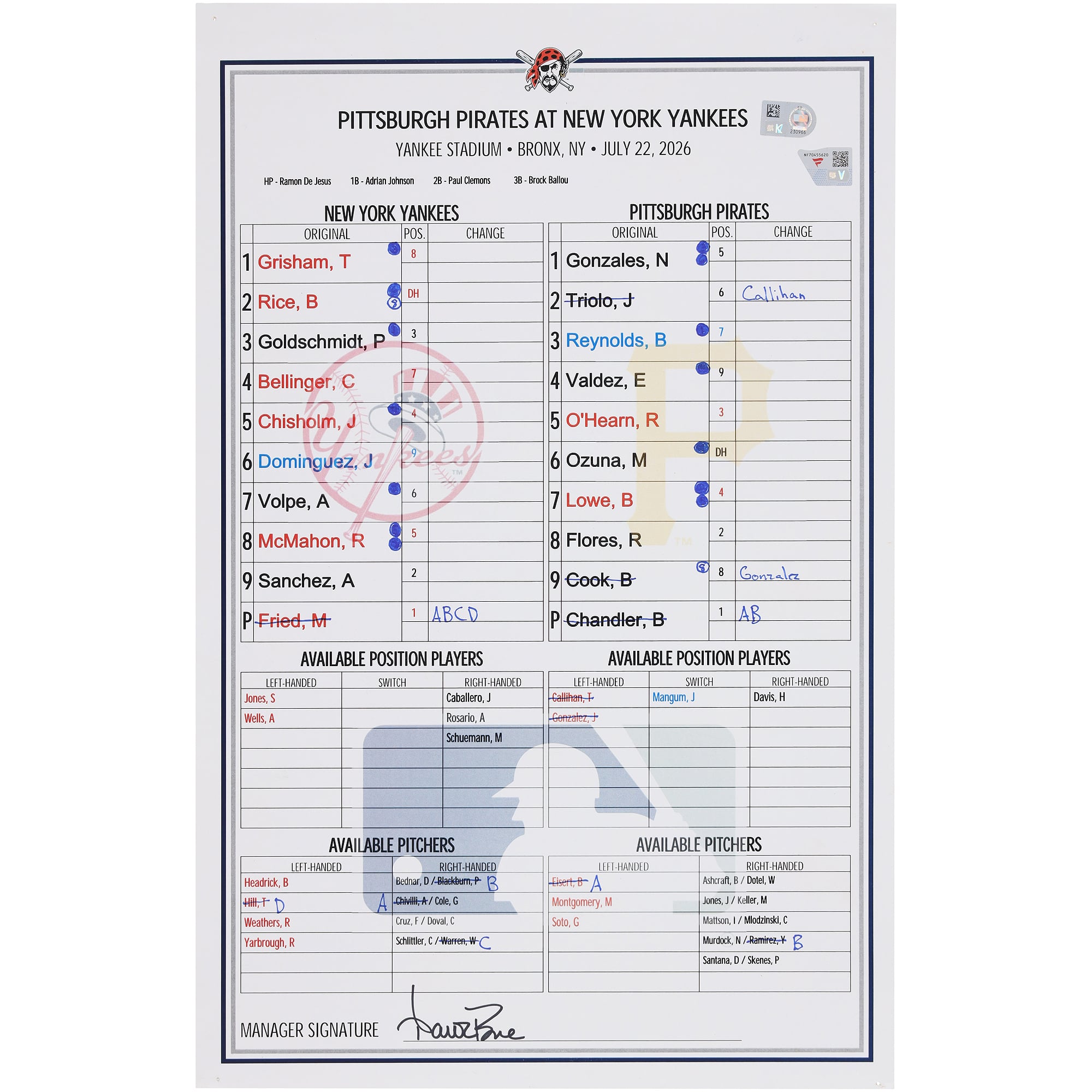 New York Yankees Game-Used Lineup Card vs. Pittsburgh Pirates on July 22, 2026