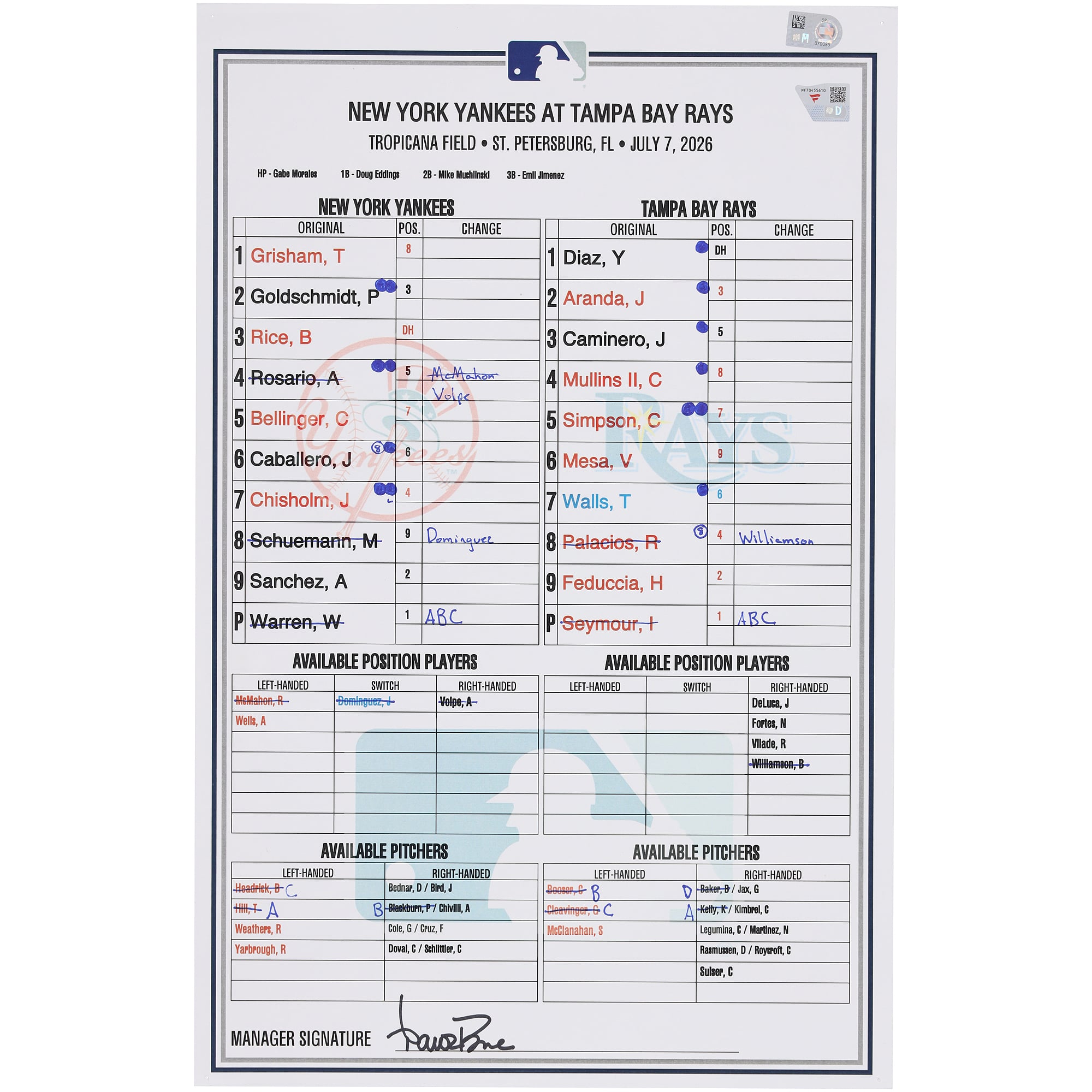 New York Yankees Game-Used Lineup Card vs. Tampa Bay Rays on July 7, 2026