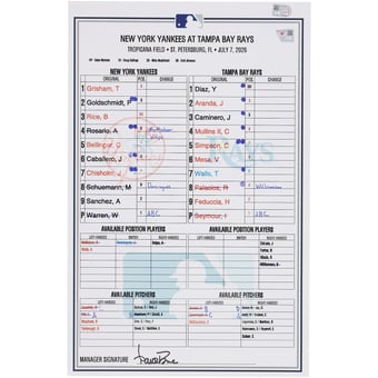New York Yankees Game-Used Lineup Card vs. Tampa Bay Rays on July 7, 2026