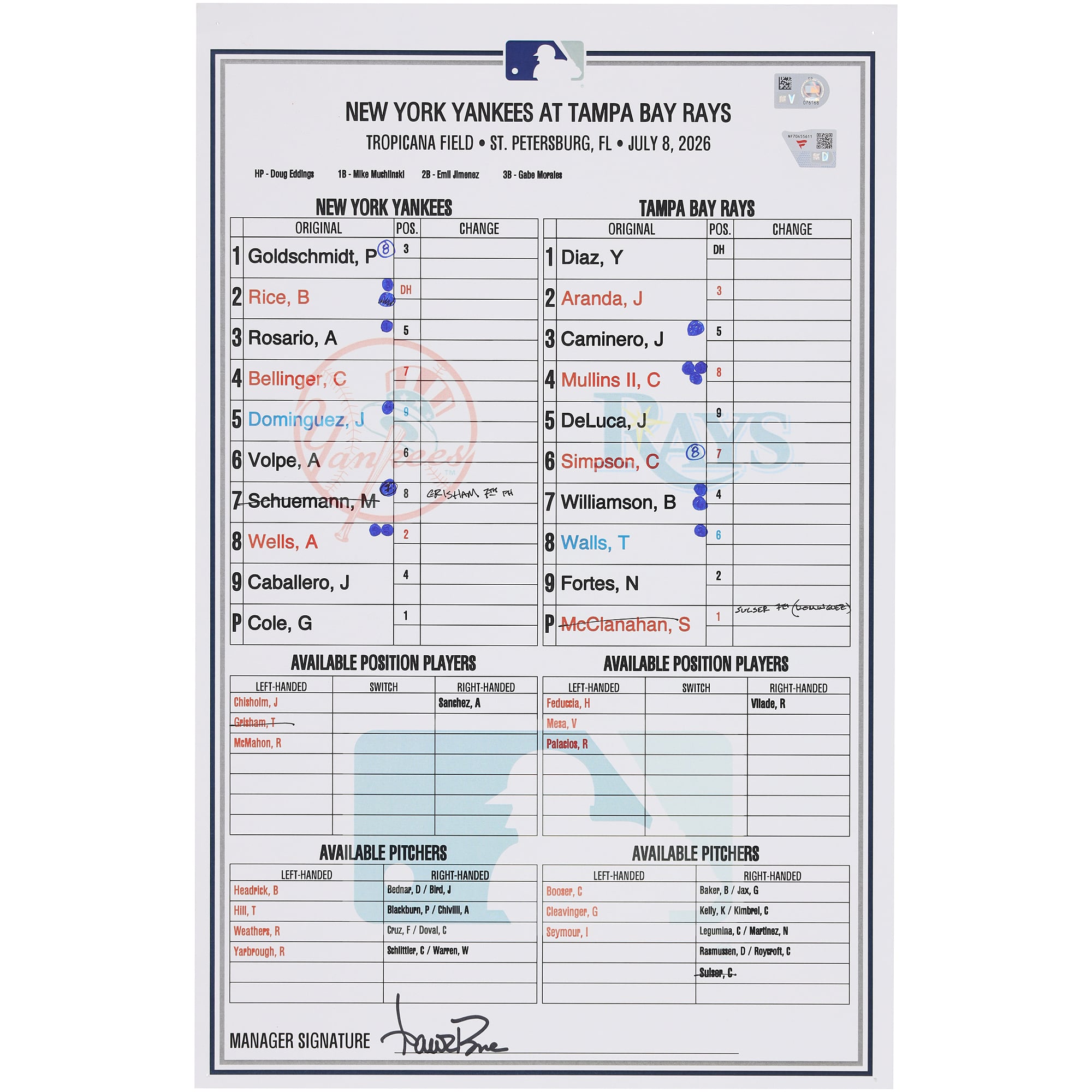 New York Yankees Game-Used Lineup Card vs. Tampa Bay Rays on July 8, 2026
