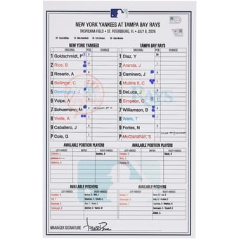 New York Yankees Game-Used Lineup Card vs. Tampa Bay Rays on July 8, 2026