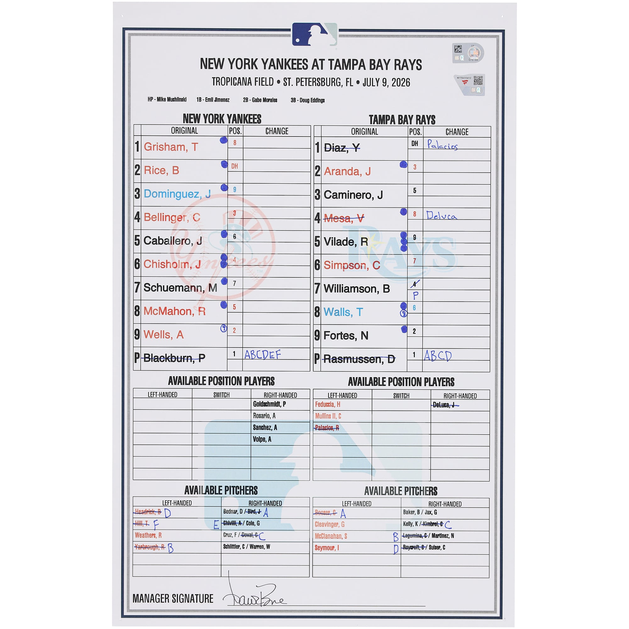 New York Yankees Game-Used Lineup Card vs. Tampa Bay Rays on July 9, 2026