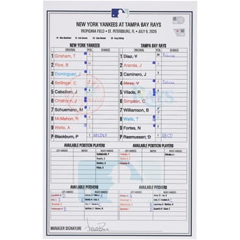 New York Yankees Game-Used Lineup Card vs. Tampa Bay Rays on July 9, 2026