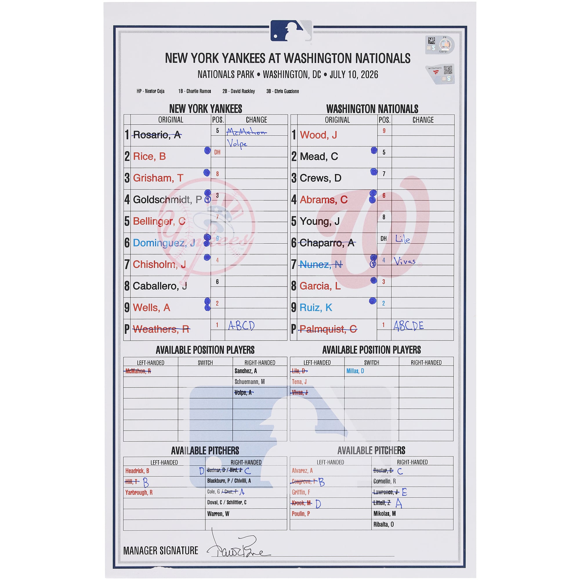 New York Yankees Game-Used Lineup Card vs. Washington Nationals on July 10, 2026