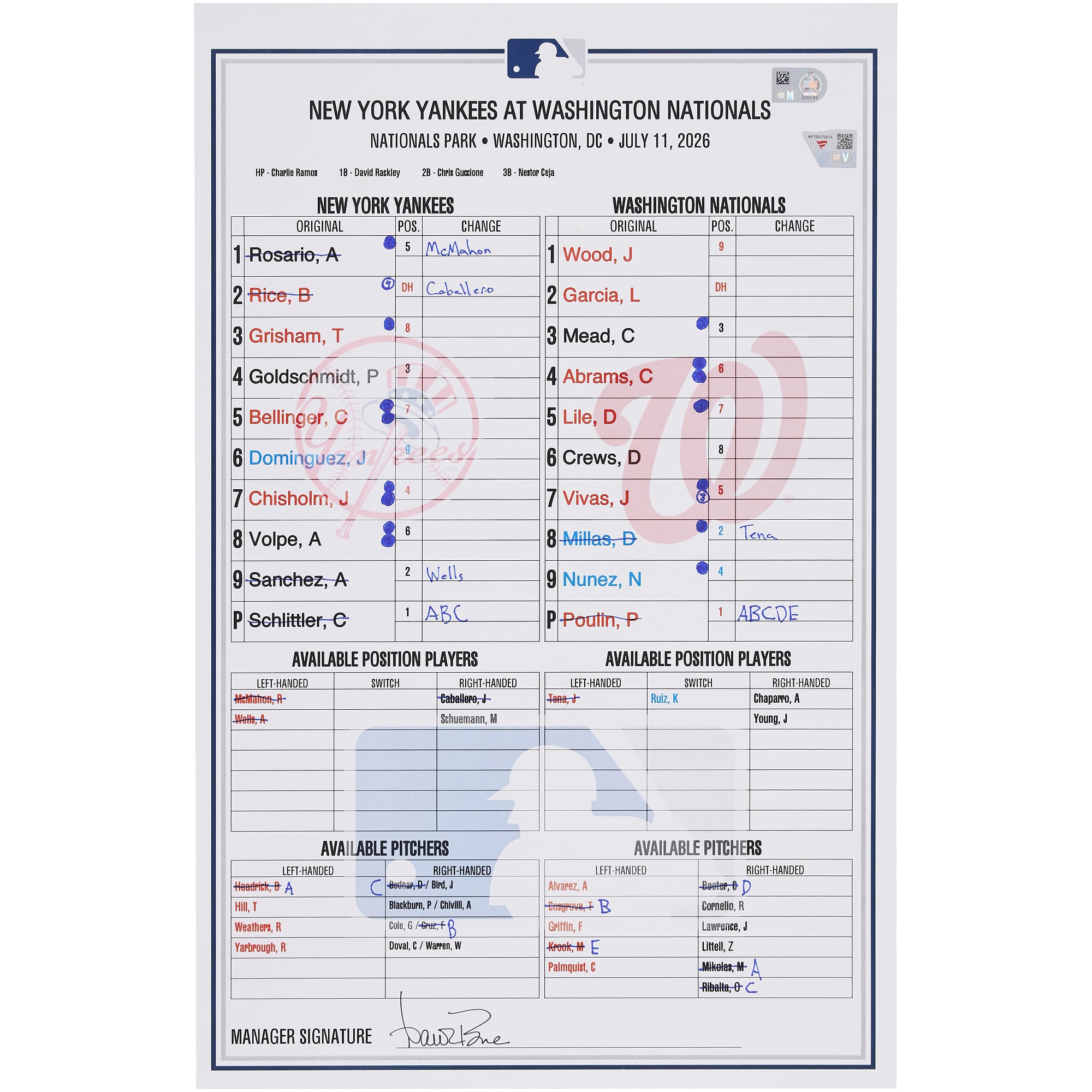 New York Yankees Game-Used Lineup Card vs. Washington Nationals on July 11, 2026