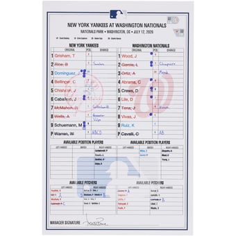 New York Yankees Game-Used Lineup Card vs. Washington Nationals on July 12, 2026