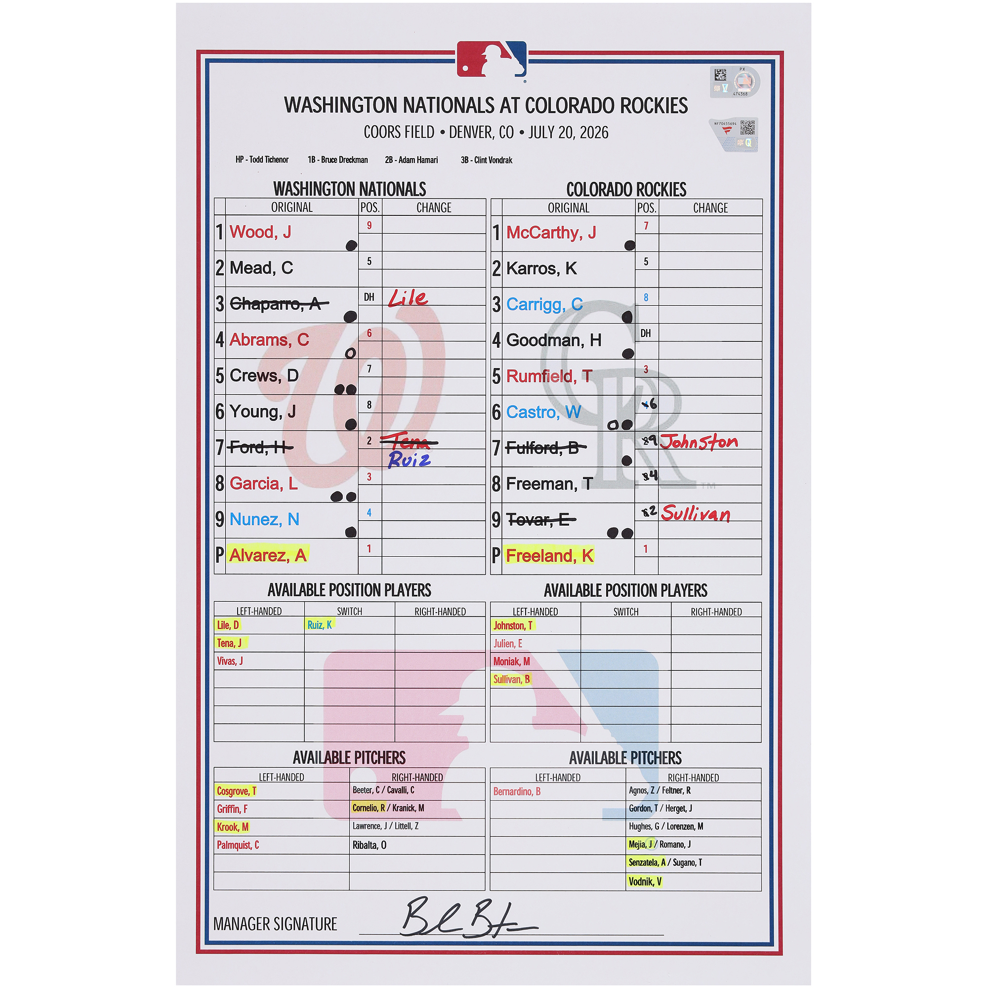 Washington Nationals Game-Used Lineup Card vs. Colorado Rockies on July 20, 2026