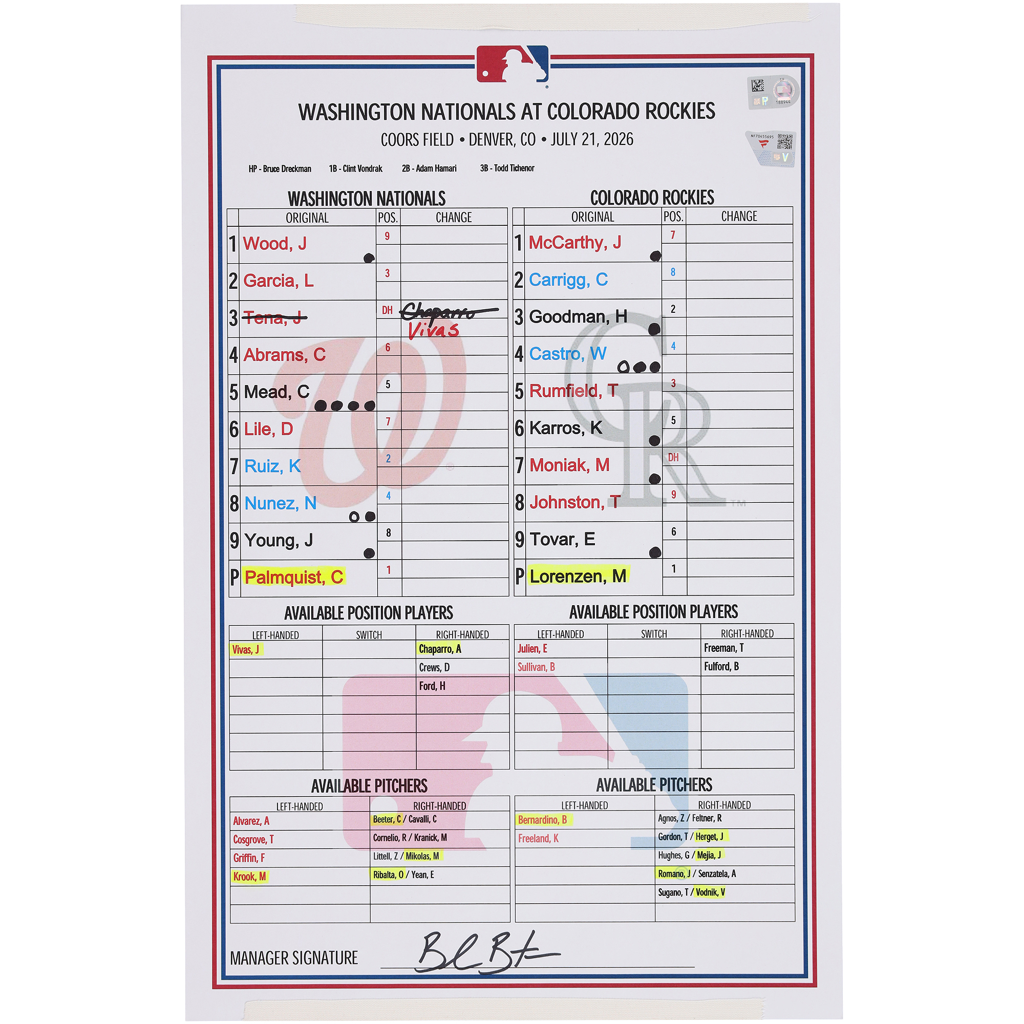 Washington Nationals Game-Used Lineup Card vs. Colorado Rockies on July 21, 2026