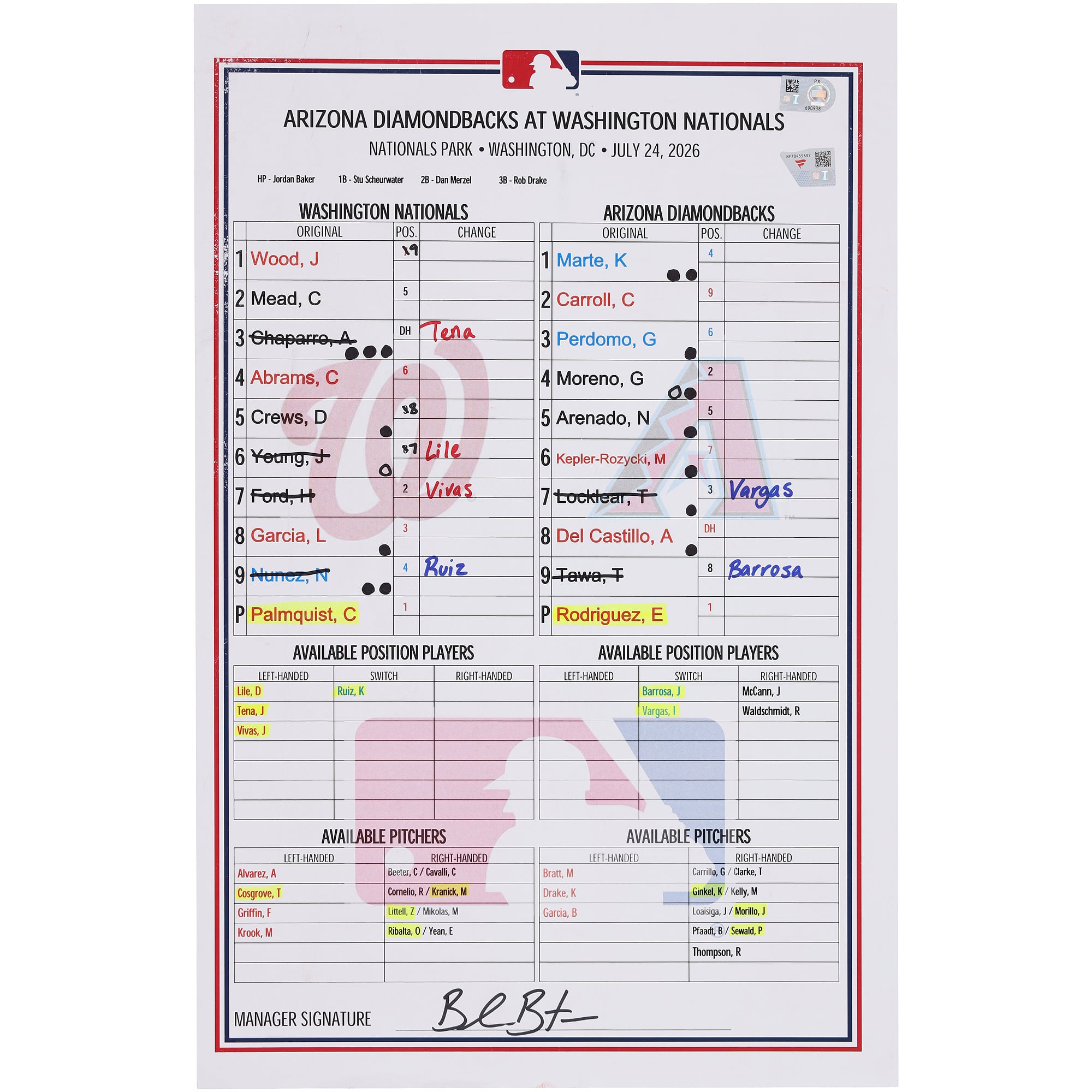 Washington Nationals Game-Used Lineup Card vs. Arizona Diamondbacks on July 24, 2026