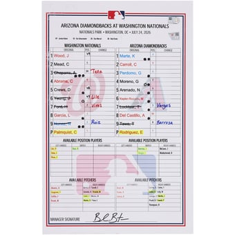 Washington Nationals Game-Used Lineup Card vs. Arizona Diamondbacks on July 24, 2026