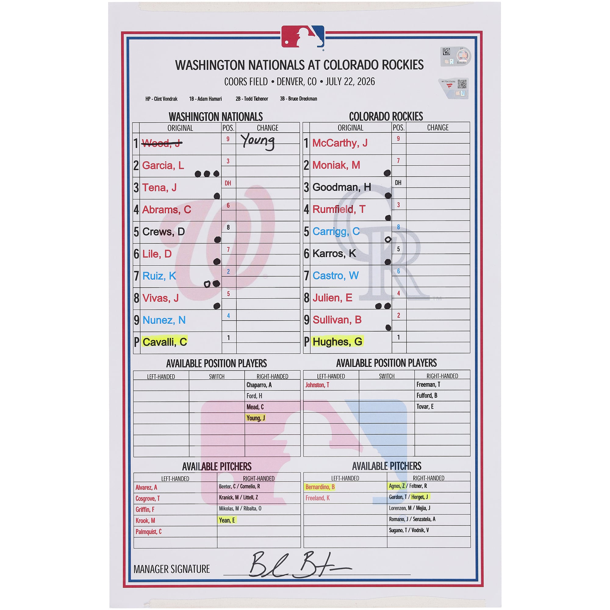 Washington Nationals Game-Used Lineup Card vs. Colorado Rockies on July 22, 2026