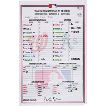 Washington Nationals Game-Used Lineup Card vs. Athletics on July 17, 2026