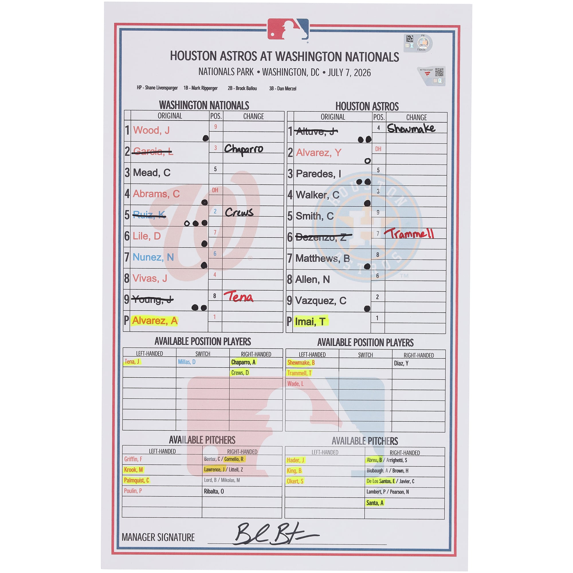 Washington Nationals Game-Used Lineup Card vs. Houston Astros on July 7, 2026