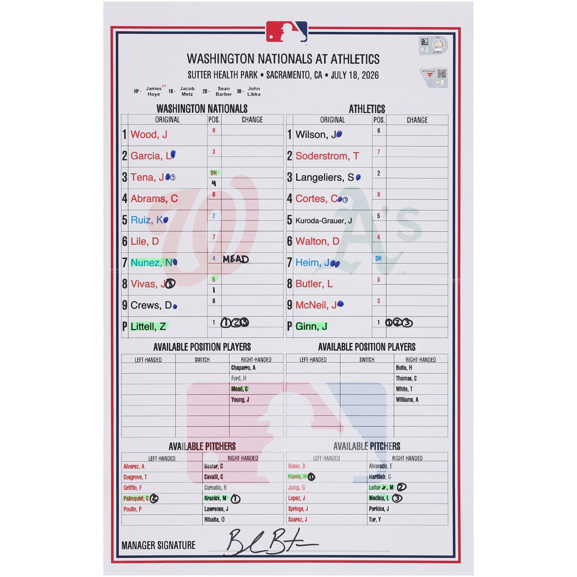 Washington Nationals Game-Used Lineup Card vs. Athletics on July 18, 2026