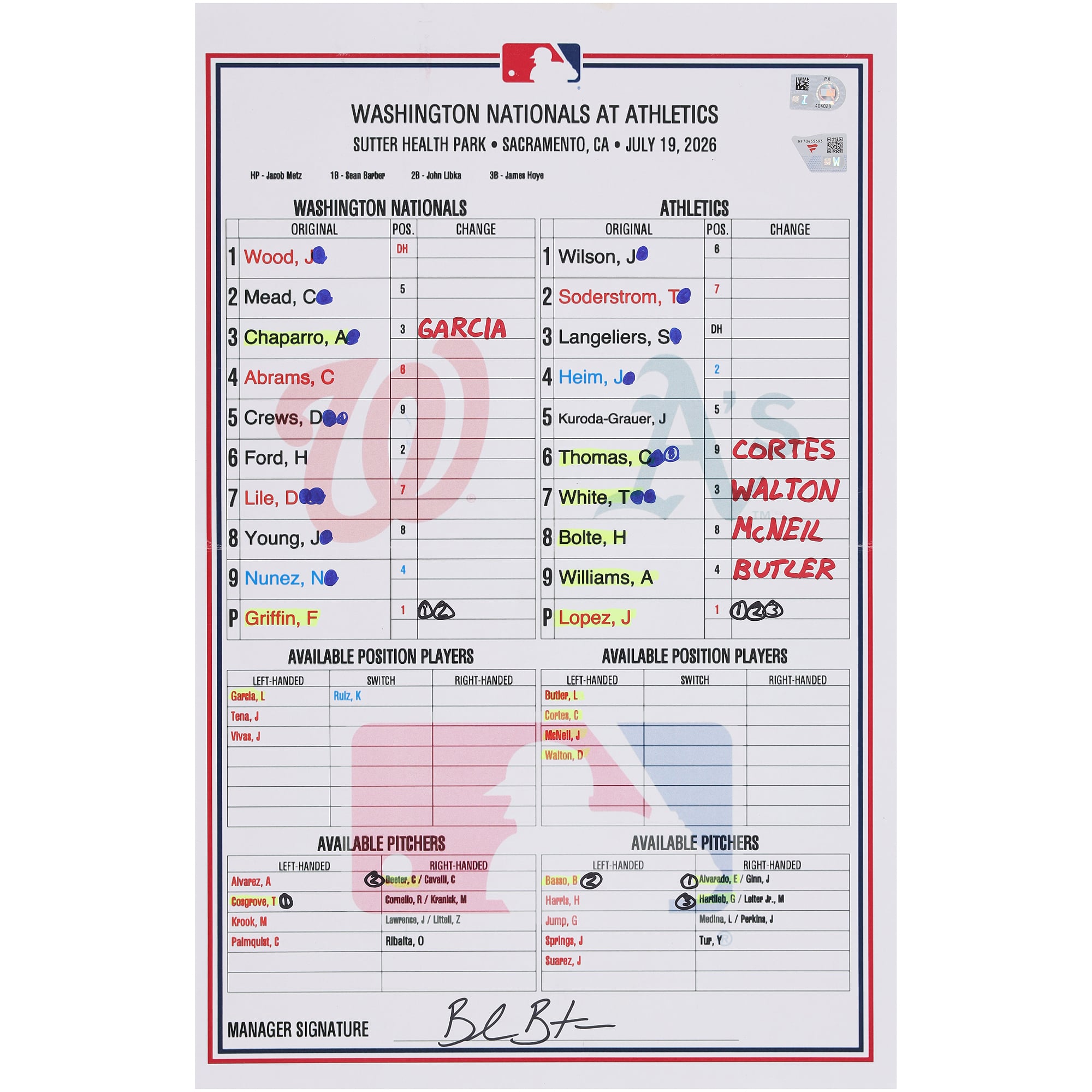 Washington Nationals Game-Used Lineup Card vs. Athletics on July 19, 2026