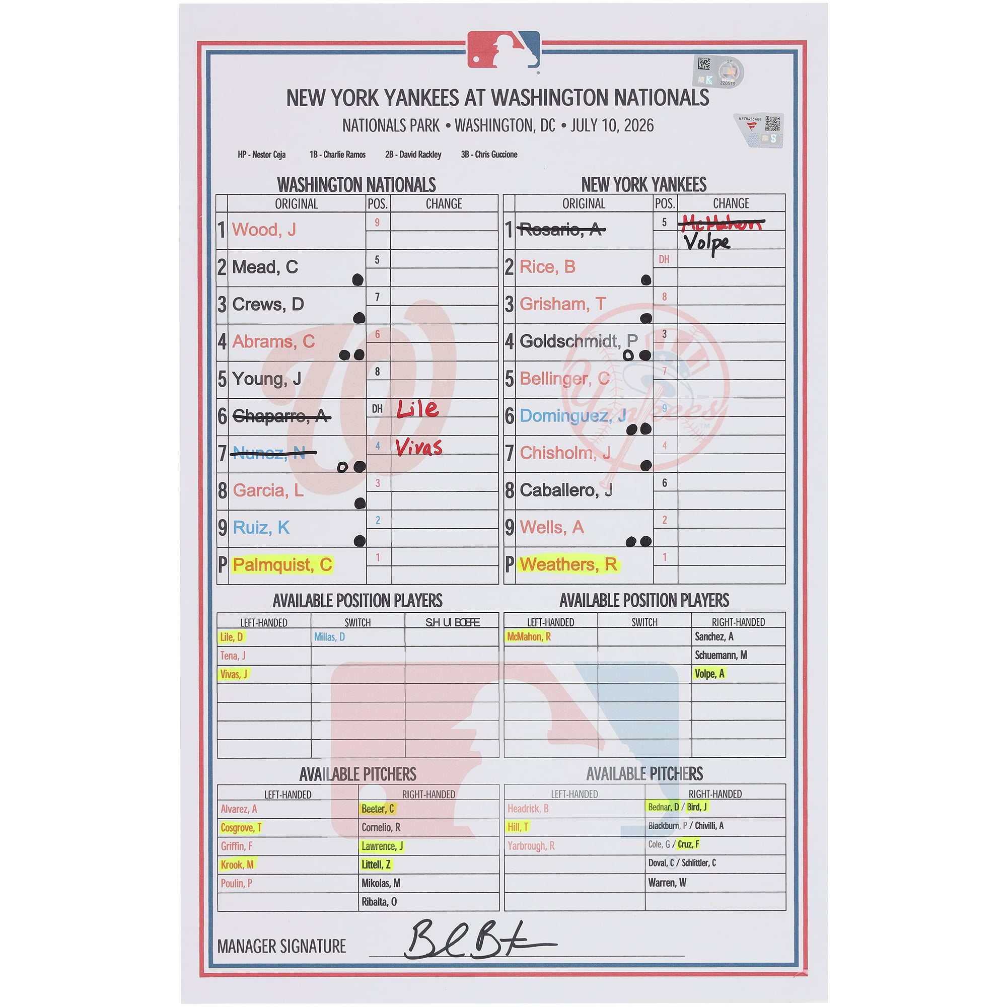 Washington Nationals Game-Used Lineup Card vs. New York Yankees on July 10, 2026