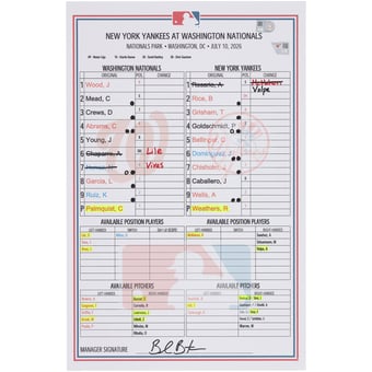 Washington Nationals Game-Used Lineup Card vs. New York Yankees on July 10, 2026