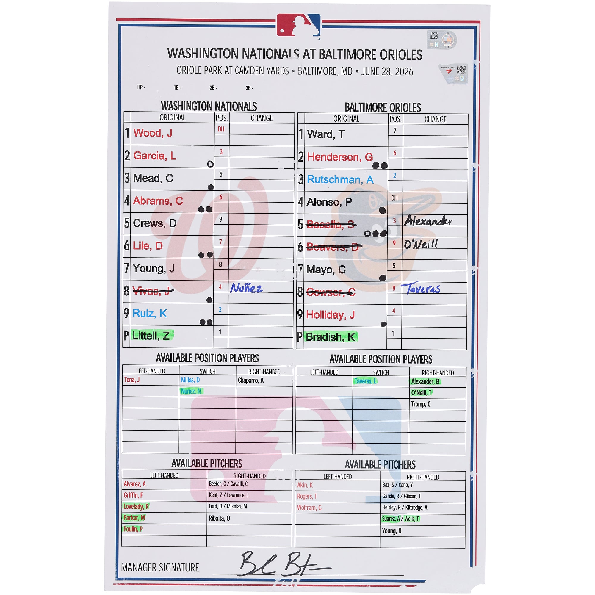 Washington Nationals Game-Used Lineup Card vs. Baltimore Orioles on June 28, 2026