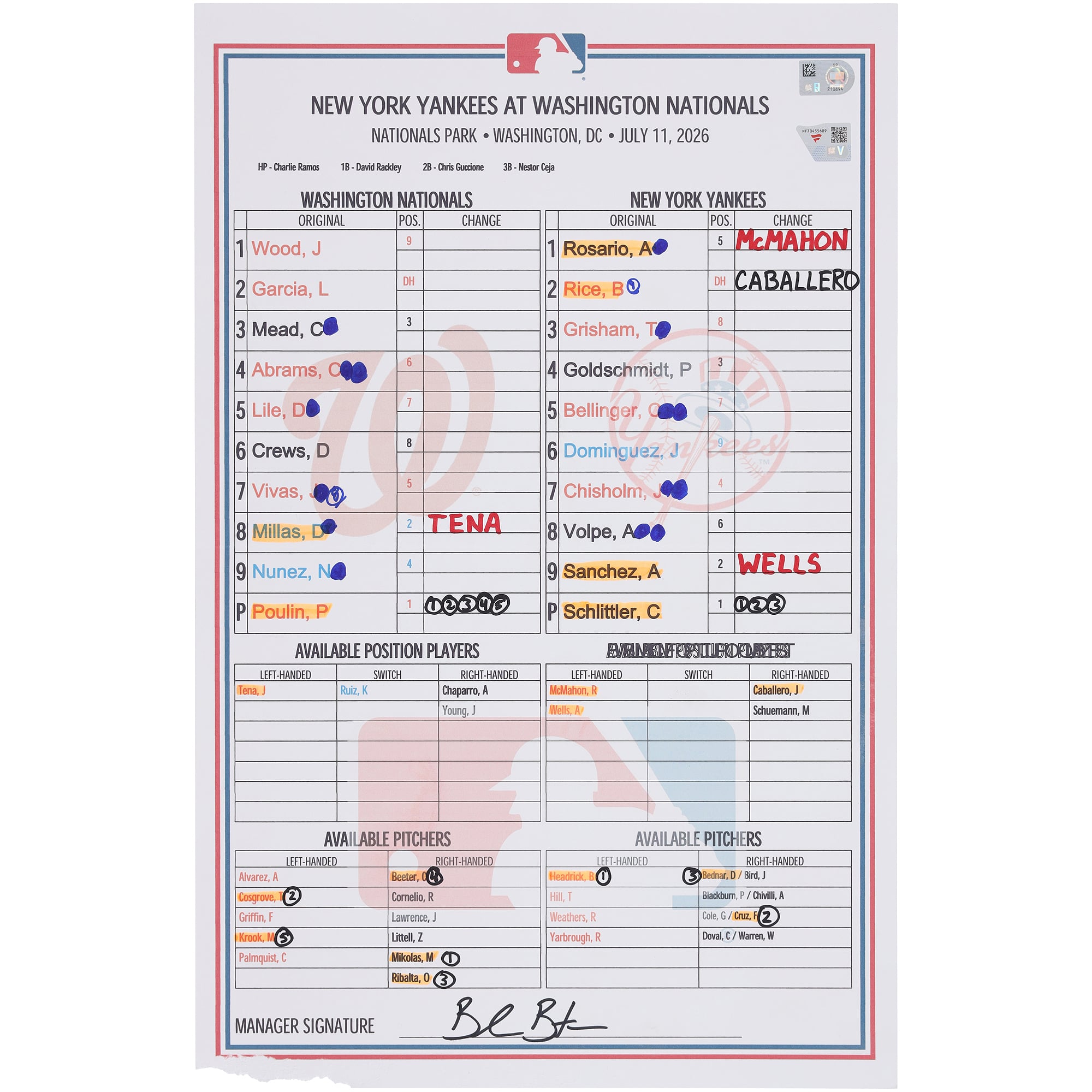Washington Nationals Game-Used Lineup Card vs. New York Yankees on July 11, 2026
