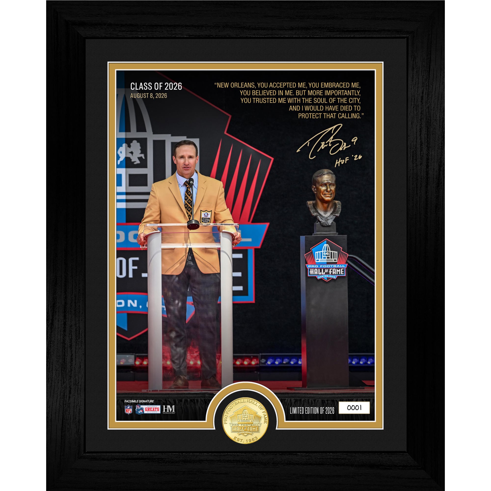 Highland Mint Drew Brees New Orleans Saints 13" x 16" Framed Hall of Fame Induction Speech Bronze Coin Photo Mint