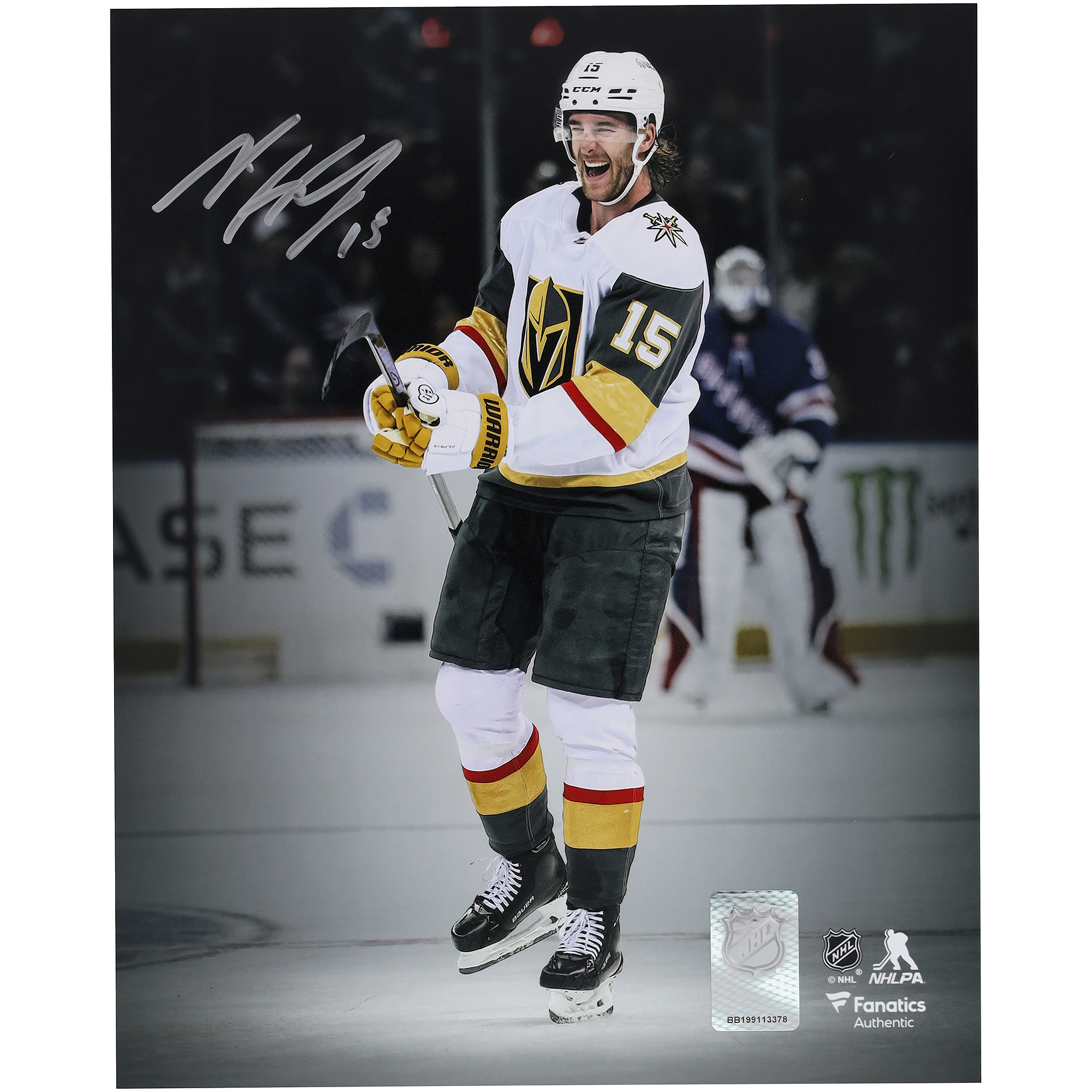 Noah Hanifin Vegas Golden Knights Autographed 8" x 10" White Jersey Celebration Spotlight Photograph