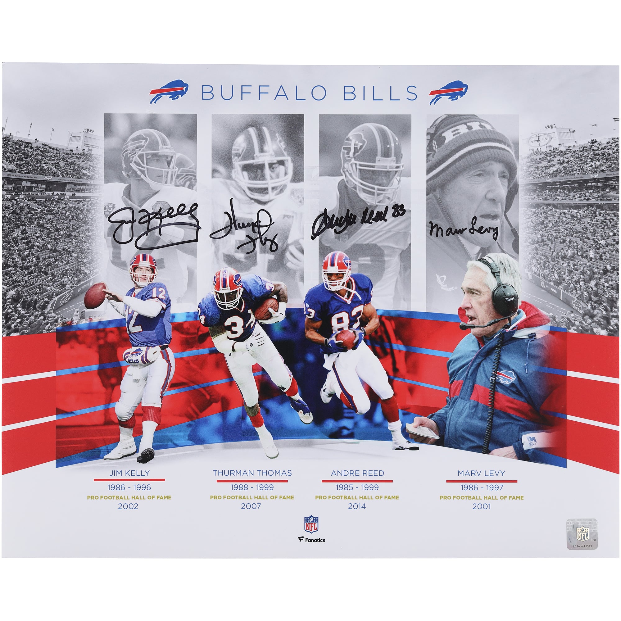Thurman Thomas, Jim Kelly, Andre Reed & Marv Levy Buffalo Bills Autographed 16" x 20" Bills Hall of Famers Collage Photograph