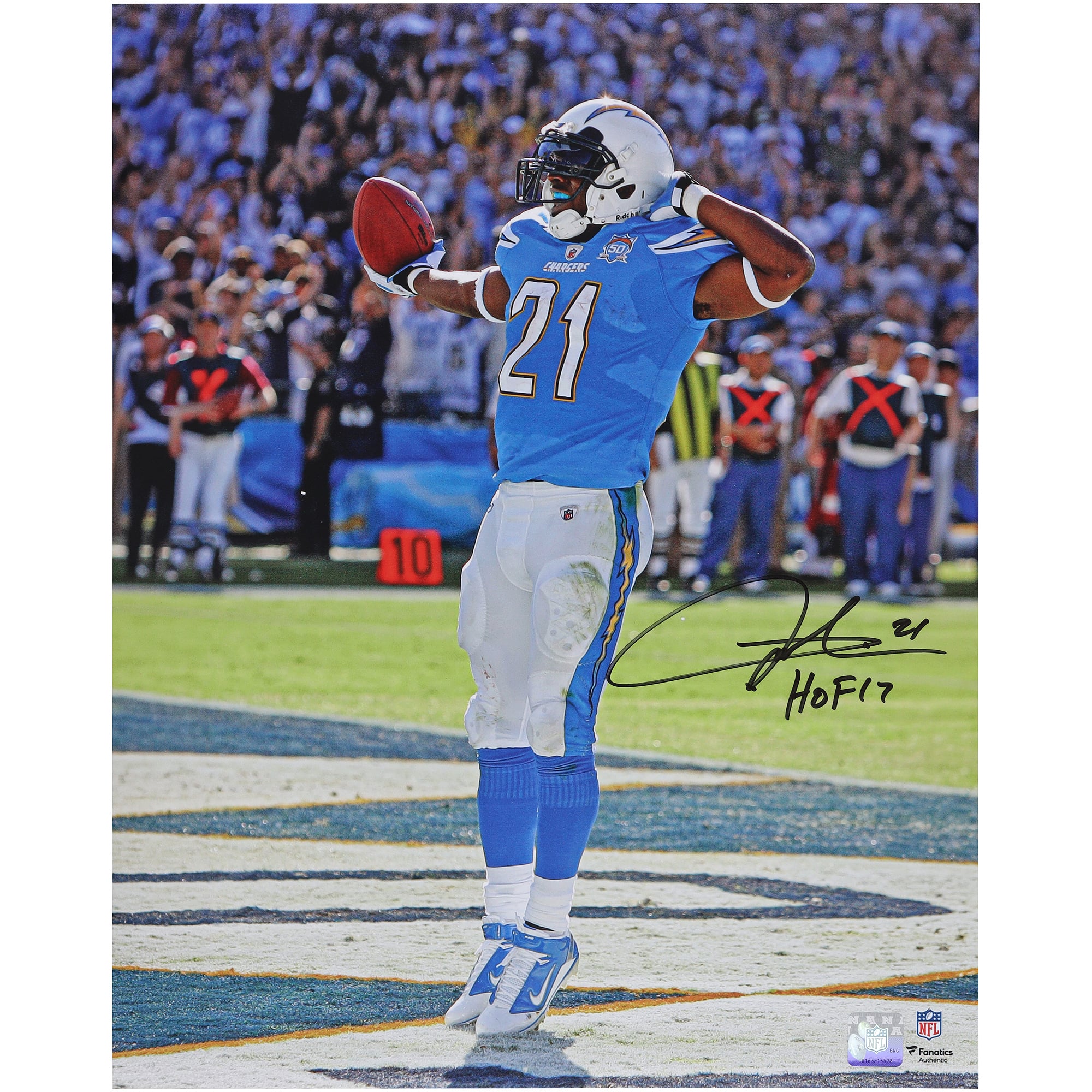 LaDainian Tomlinson San Diego Chargers Autographed 16" x 20" Touchdown Celebration Photograph with "HOF 17" Inscription