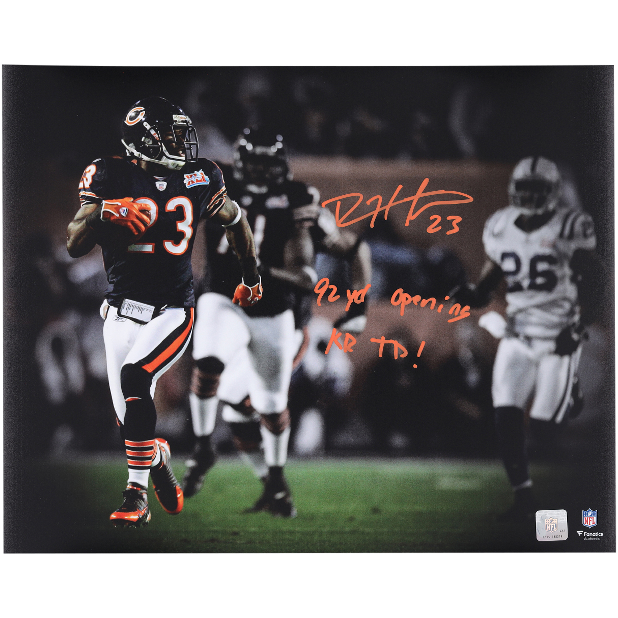 Devin Hester Chicago Bears Autographed 16" x 20" Super Bowl XLI Kickoff Return Spotlight Photograph with "92 yd Opening KR TD!" Inscription