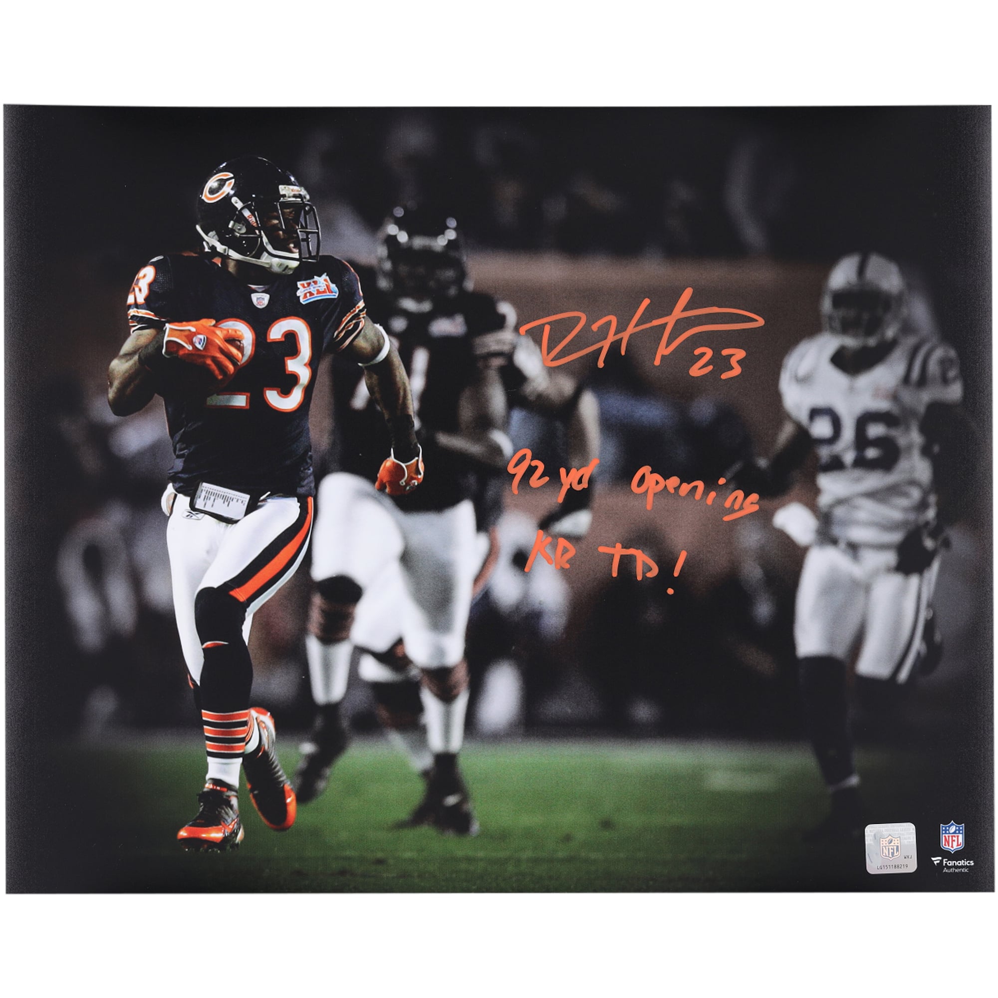 Devin Hester Chicago Bears Autographed 16" x 20" Super Bowl XLI Kickoff Return Spotlight Photograph with "92 yd Opening KR TD!" Inscription