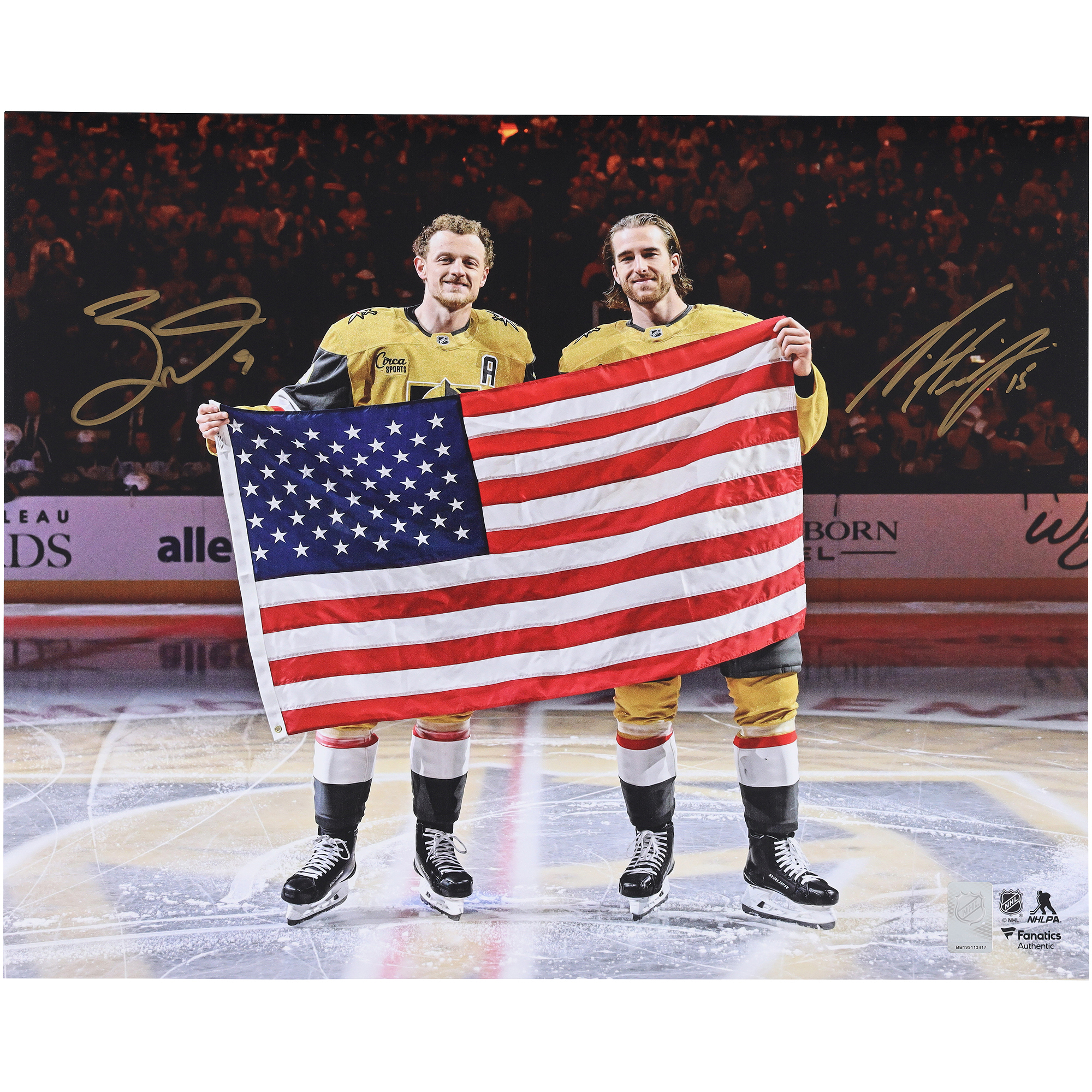 Jack Eichel & Noah Hanifin Vegas Golden Knights Autographed 16" x 20" Pregame Holding USA Flag Photograph