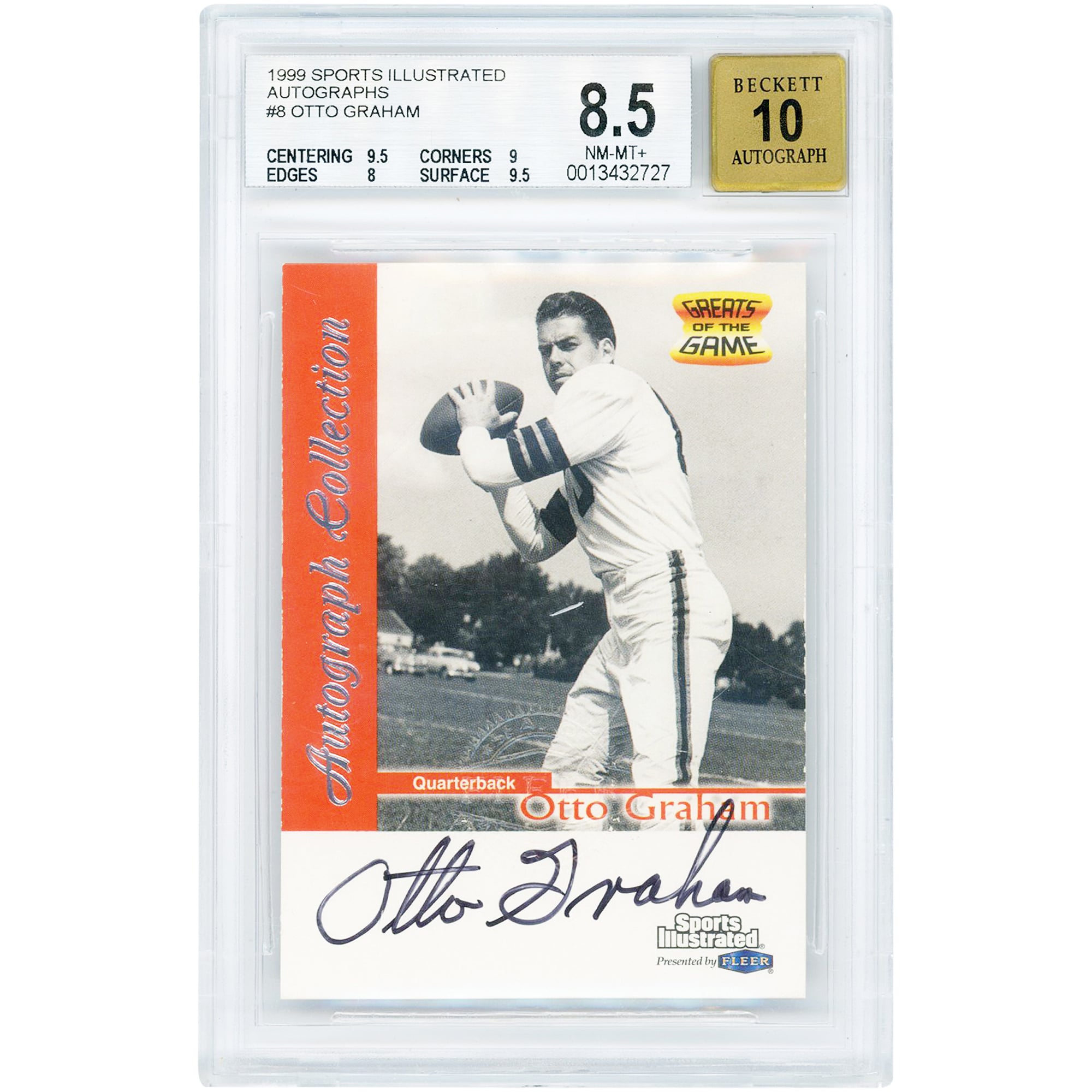 Otto Graham Cleveland Browns Autographed 1999 Fleer Sport Illustrated Greats Of The Game #NNO BGS Authenticated 8.5/10 Card - 9.5,9,8,9.5 Subgrades