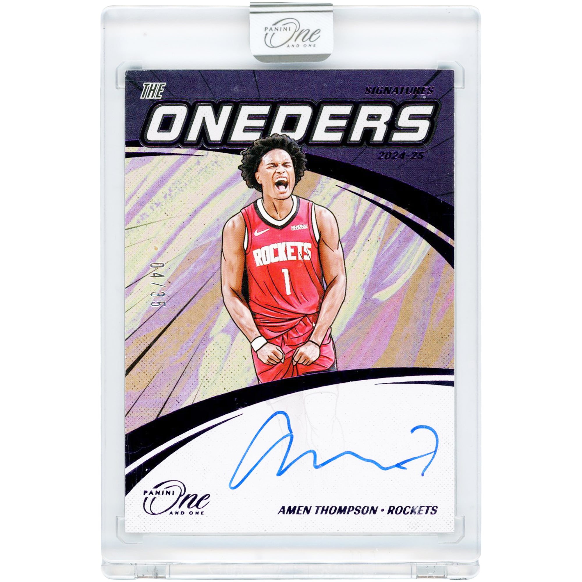 Amen Thompson Houston Rockets Autographed 2024-25 Panini One & One The Oneders Purple #TOS-AMN #4/35 Card