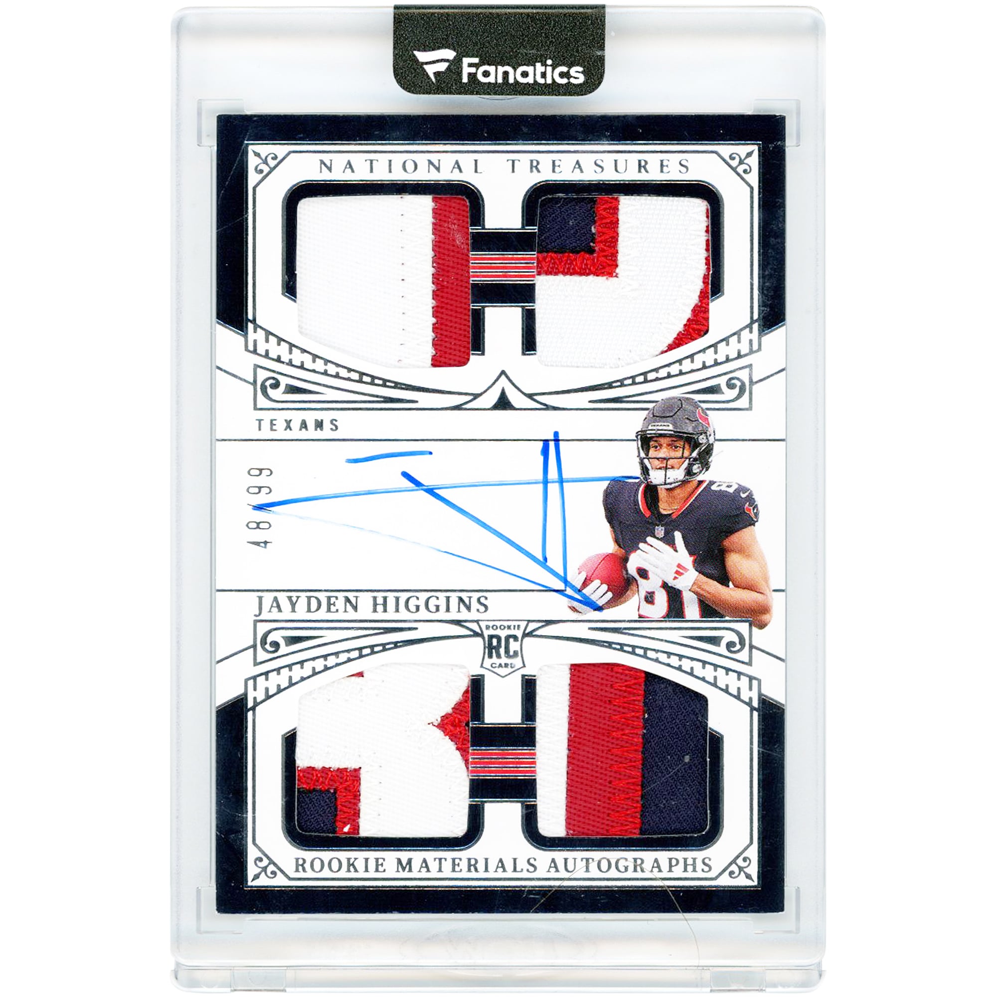 Jayden Higgins Houston Texans Autographed 2025 Panini National Treasures Rookie Materials Quad Tri-Color Relics #RMAQ-JHS #48/99 Rookie Card