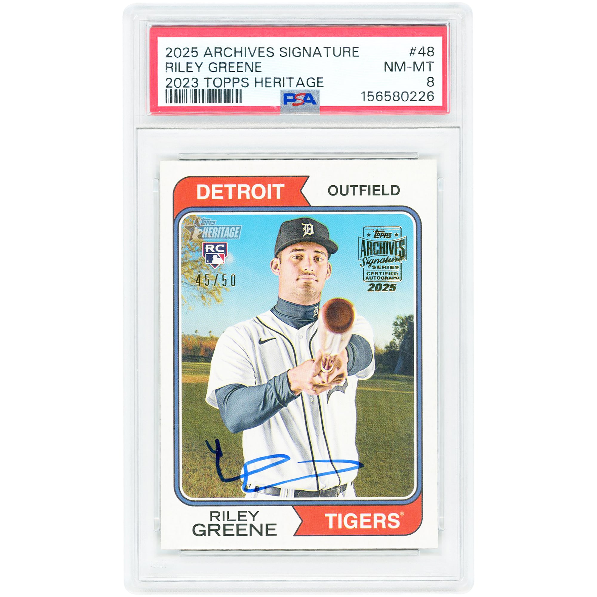 Riley Greene Detroit Tigers Autographed 2025 Topps Archives Signature Series '23 Topps Heritage #48 #45/50 PSA Authenticated 8 Rookie Card