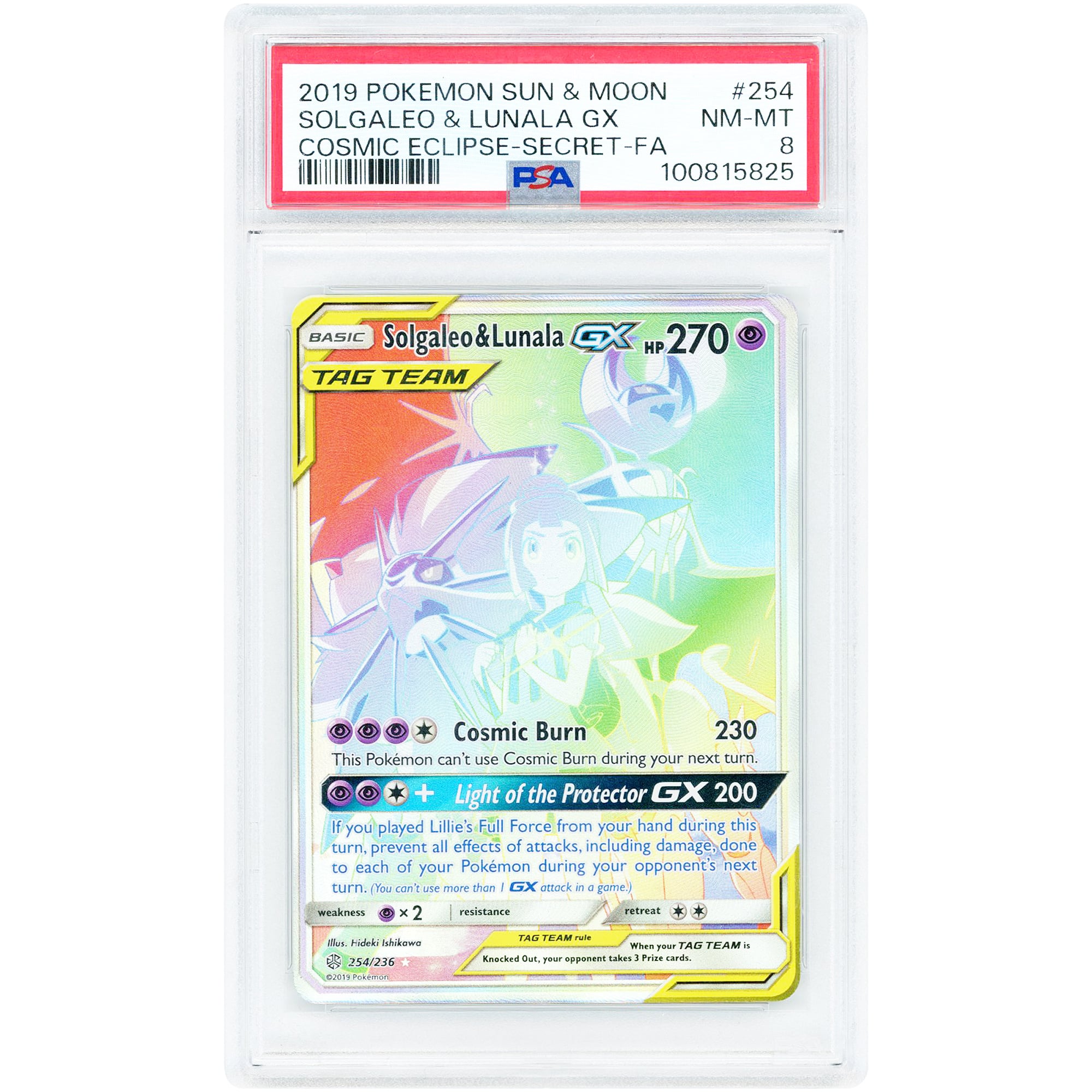 Solgaleo/Lunala GX 2019 Pokemon Sun & Moon Cosmic Eclipse Secret Rare Full Art #254 PSA Authenticated 8 Card