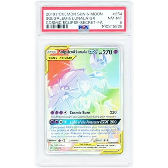 Solgaleo/Lunala GX 2019 Pokemon Sun & Moon Cosmic Eclipse Secret Rare Full Art #254 PSA Authenticated 8 Card