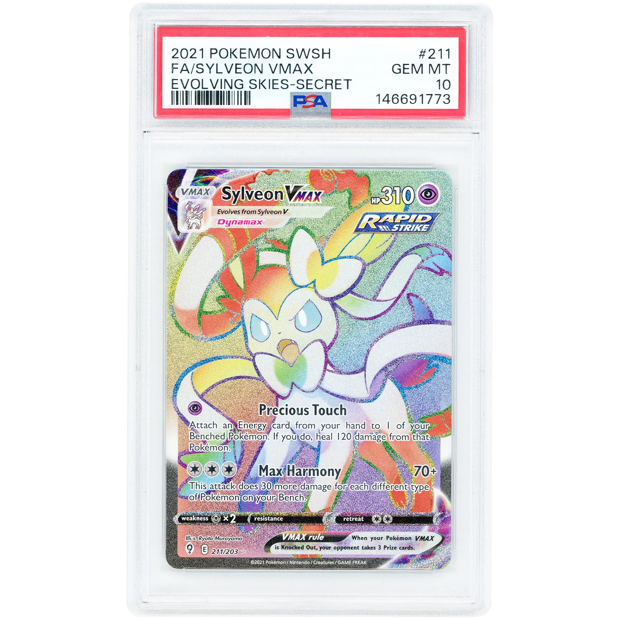 Sylveon Vmax 2021 Pokemon Sword & Shield Evolving Skies Secret Rare Full Art #211 PSA Authenticated 10 Card