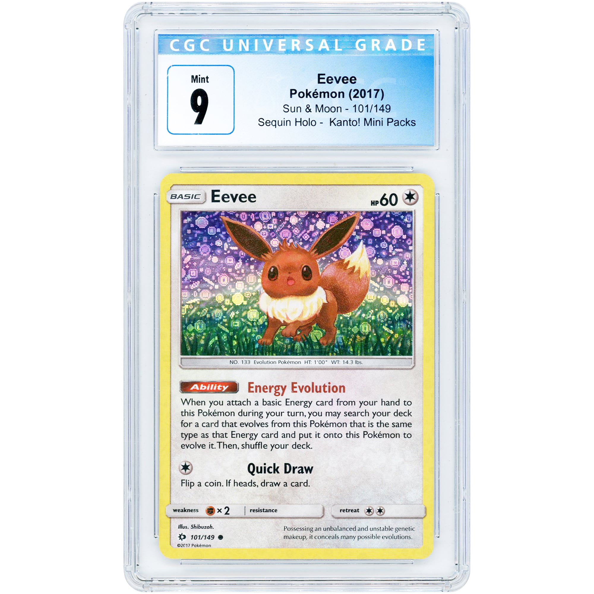 Eevee 2017 Pokemon Sun & Moon Kanto Mini Packs Sequin Holo #101 CGC Authenticated 9 Card