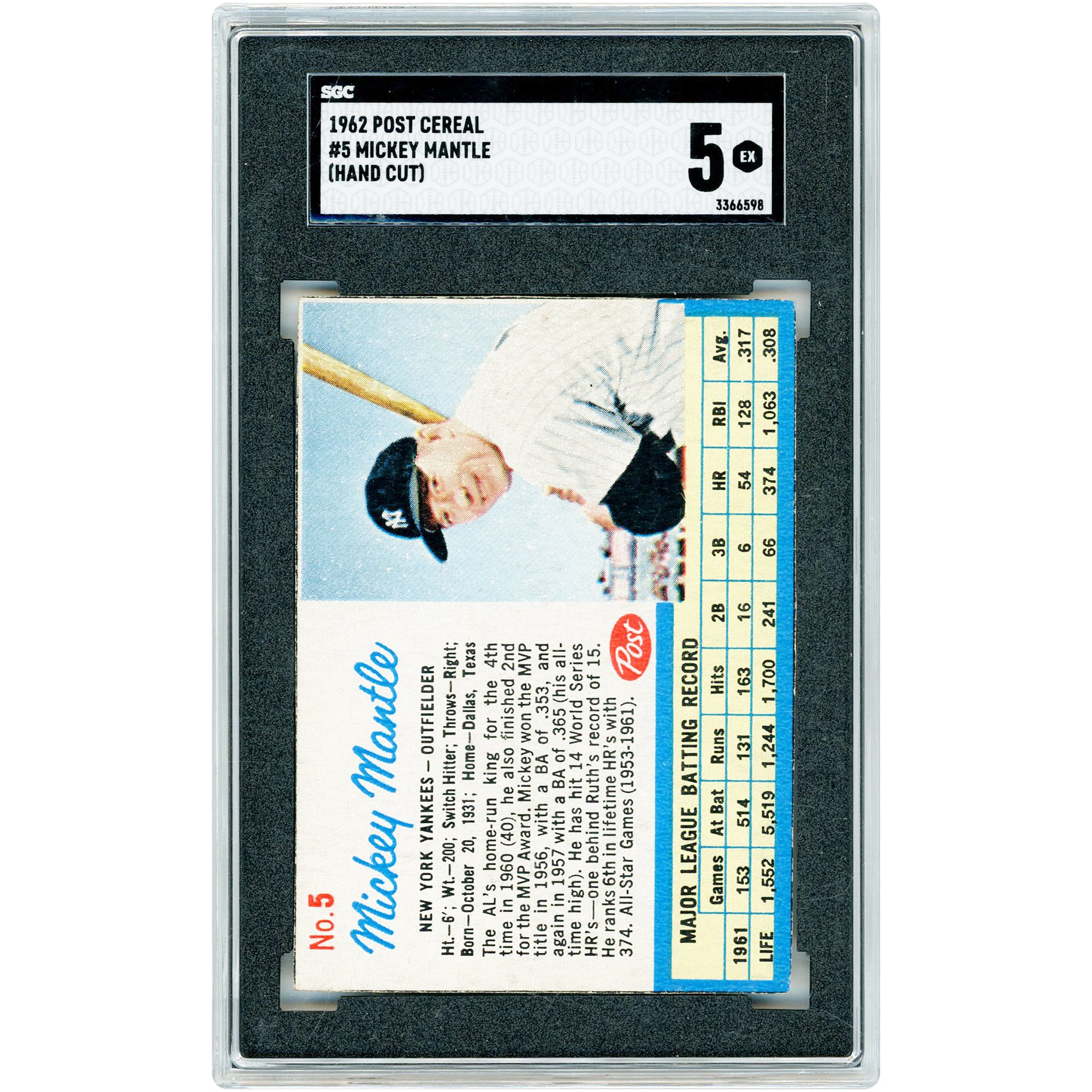 Mickey Mantle New York Yankees 1962 Post Cereal #5 SGC Authenticated 5 Card