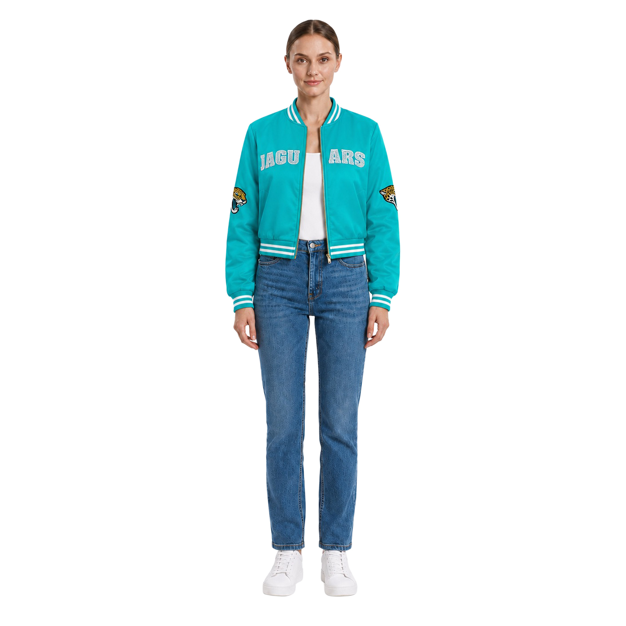 Women's FABGATING by Cuce Teal Jacksonville Jaguars Cropped Team Full-Zip Bomber Jacket